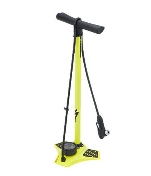 Studio image of neon yellow and black Specialized floor pump.