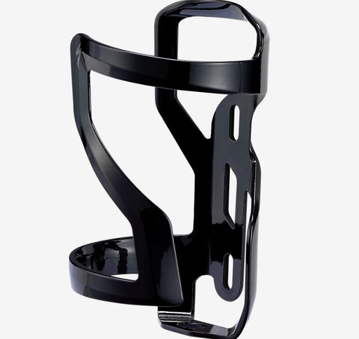 studio image of a gloss black Z shaped water bottle cage for a bicycle