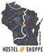 This sticker is a depiction of the state of Wisconsin with a dark gray background, orange lines on the map depict bike trails in the state, there are bicycle parts outlined in white and yellow throughout the states interior, the white bicycle chain depicts the Wisconsin river and the yellow and orange nuts depict trail heads.  Under the state is the Hostel Shoppe logo and along the right side is the artists signature Kiba Freemen Art