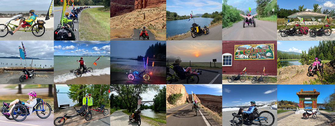 A collage of calendar contest photos showing recumbent trikes.