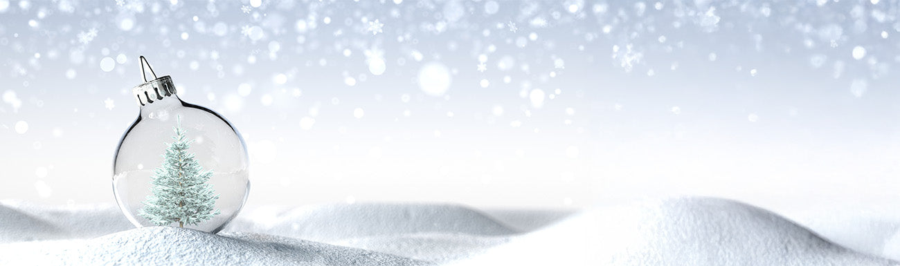 A snowy pine tree is instead a clear glass ornament against a snowy background.