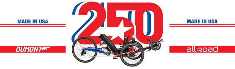 Image of a Catrike in a patriotic red, white and blue color scheme, with the number 250, text "Made in USA" and Dumont an All Road.
