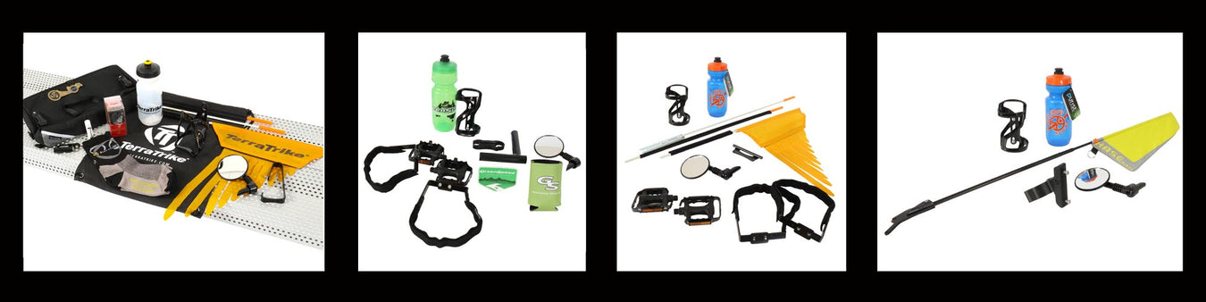 Images of four different bike accessory packages, including flags, water bottles, pedals and more.