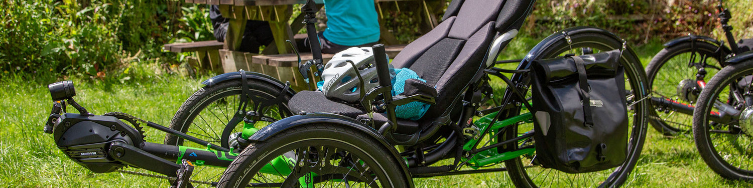A green ICE Adventure e-trike featuring a suspension rear rack is visible in the foregroudn while two people relax at a picnic table in the background.