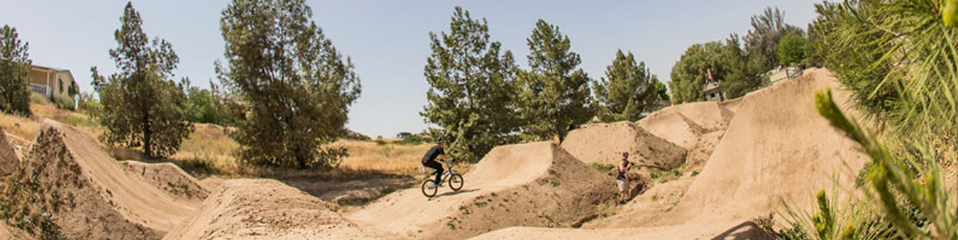 A BMX rider pedals through a series of dirt jumps amongst trees and a dry grassy landscape.