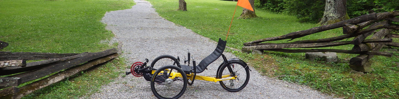 A yellow Greenspeed recumbent trike sits on a gravel path surrounded by old log fencing on the grass along the path.