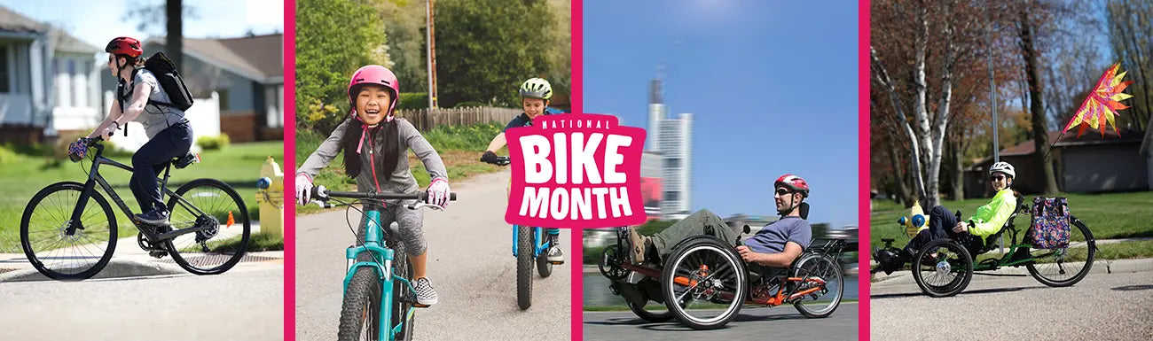 A collage of bikers and trikers with the pink logo for May is Bike Month.
