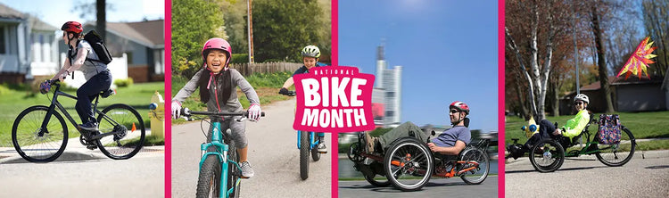 A collage of bikers and trikers with the pink logo for May is Bike Month.