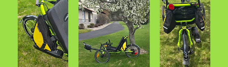 A collage of a green recumbent trike with yellow bags beneath a flowering tree on the grass.
