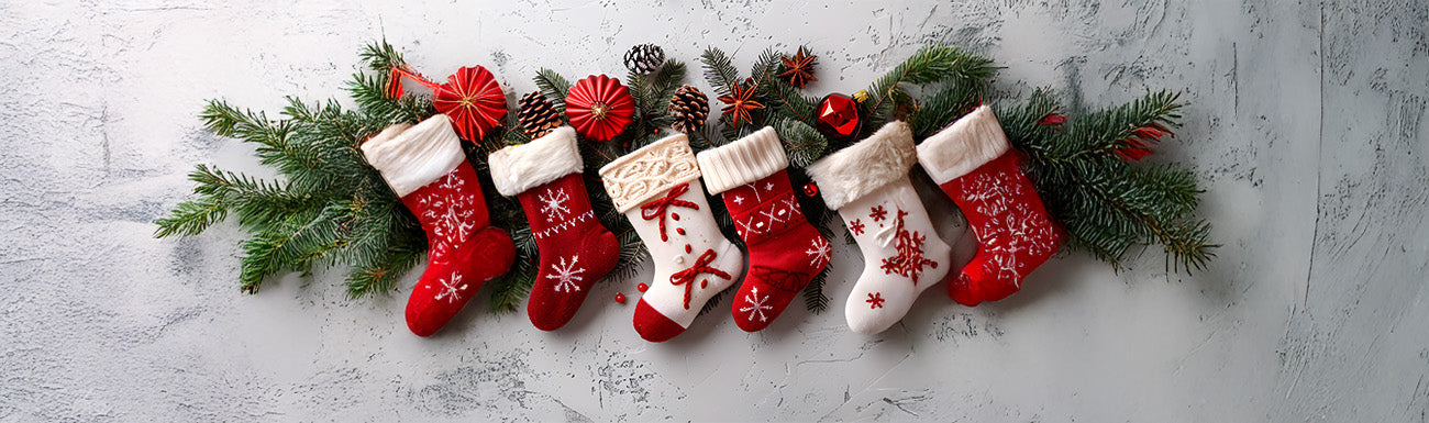 A row of holiday stocking and greenery hangs against a grey marble background.