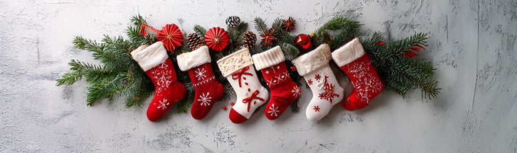 A row of holiday stocking and greenery hangs against a grey marble background.