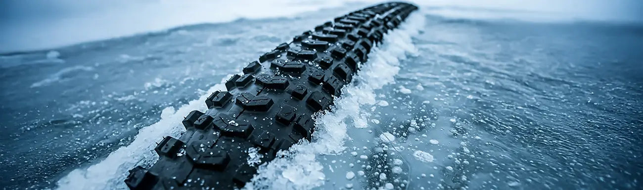 Image of a bike tire popping up through ice.