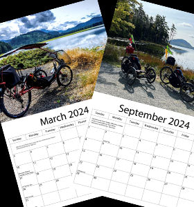 Images of the 2024 Hostel Shoppe Recumbent Calendar, showing select months and the cover on a black background.