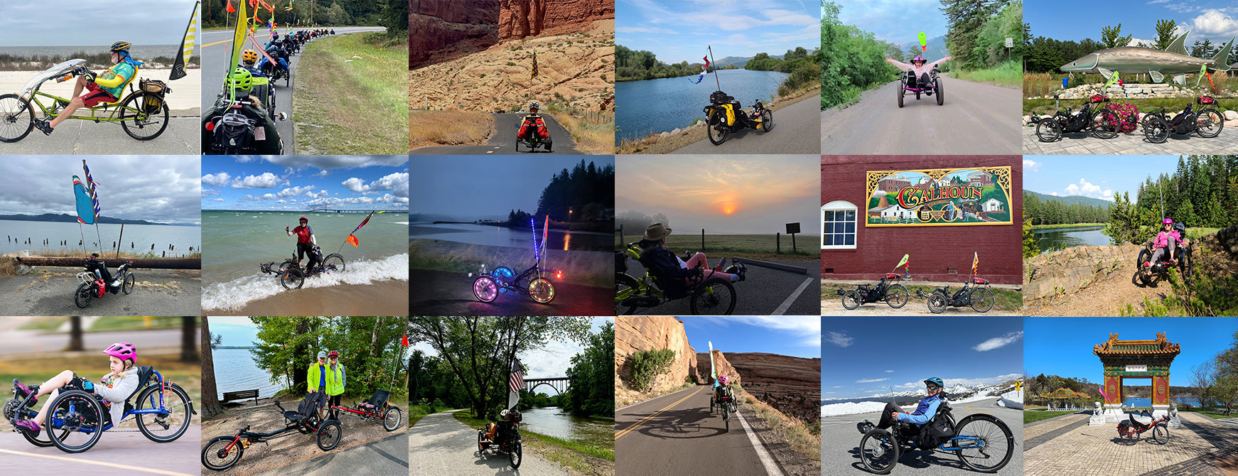 Collage of various scenes with a tricycle, including landscapes and people using the tricycle.