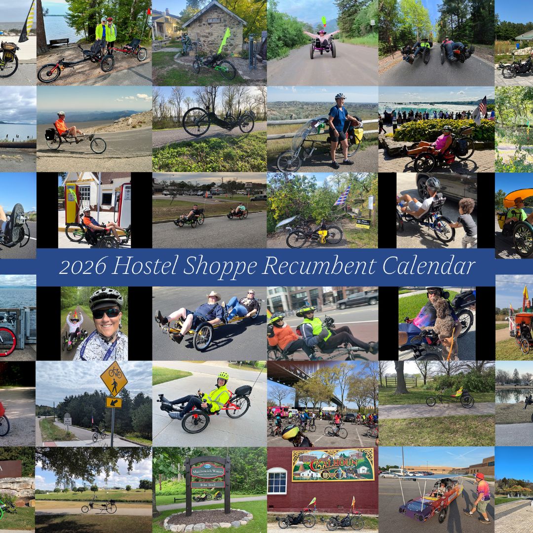 Collage of images featuring people with recumbent trikes and bikes, with text "2026 Hostel Shoppe Recumbent Calendar."