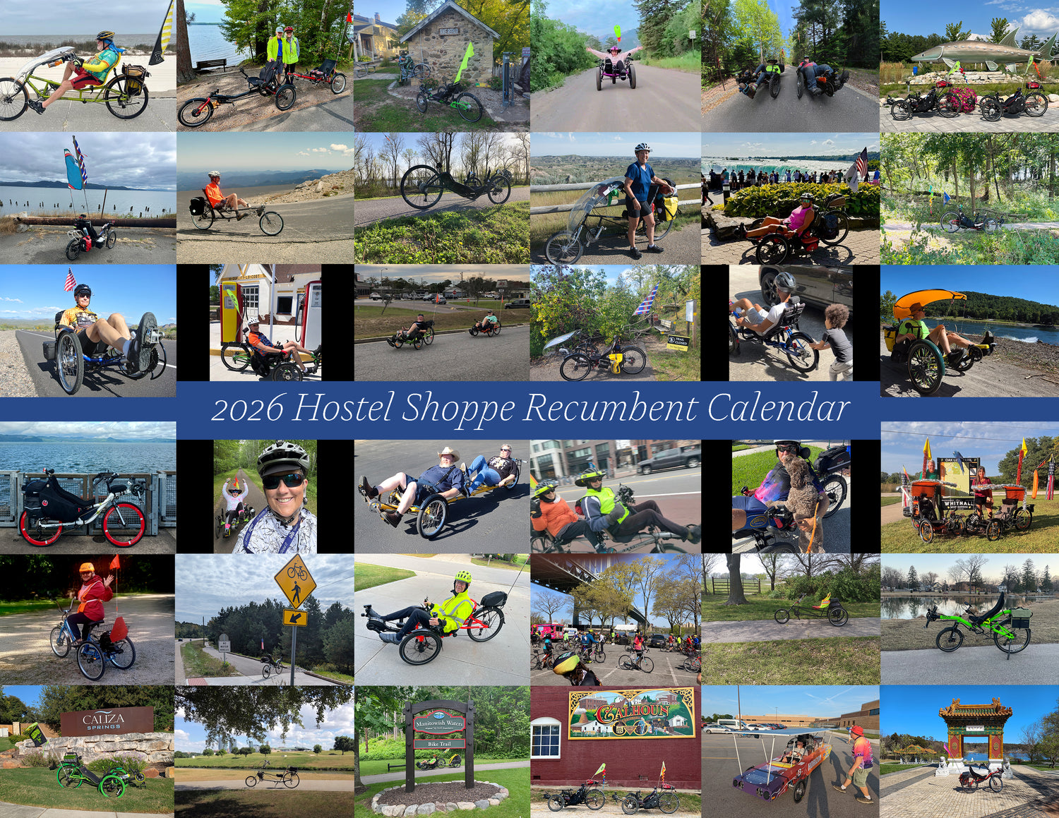 A collage of recumbent riders with the text 2026 Hostel Shoppe Recumbent Calendar.
