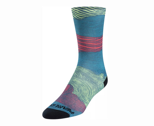 Picture of the fuego sock with several different patterns of lines in a wave like formation ranging from blue to yellowish-green and red.