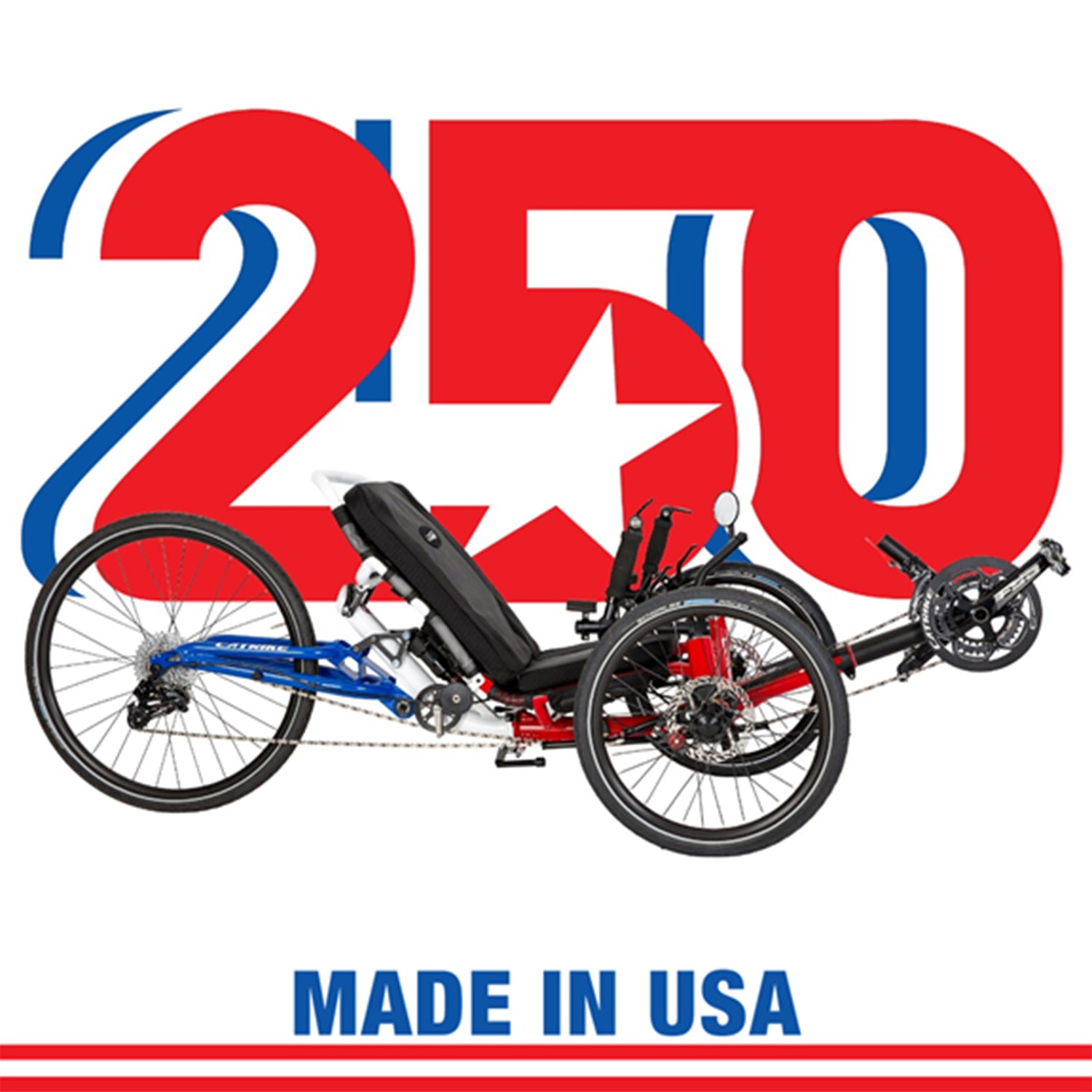 Image of a red, white and blue Catrike with the number 250 and the words "Made in USA".