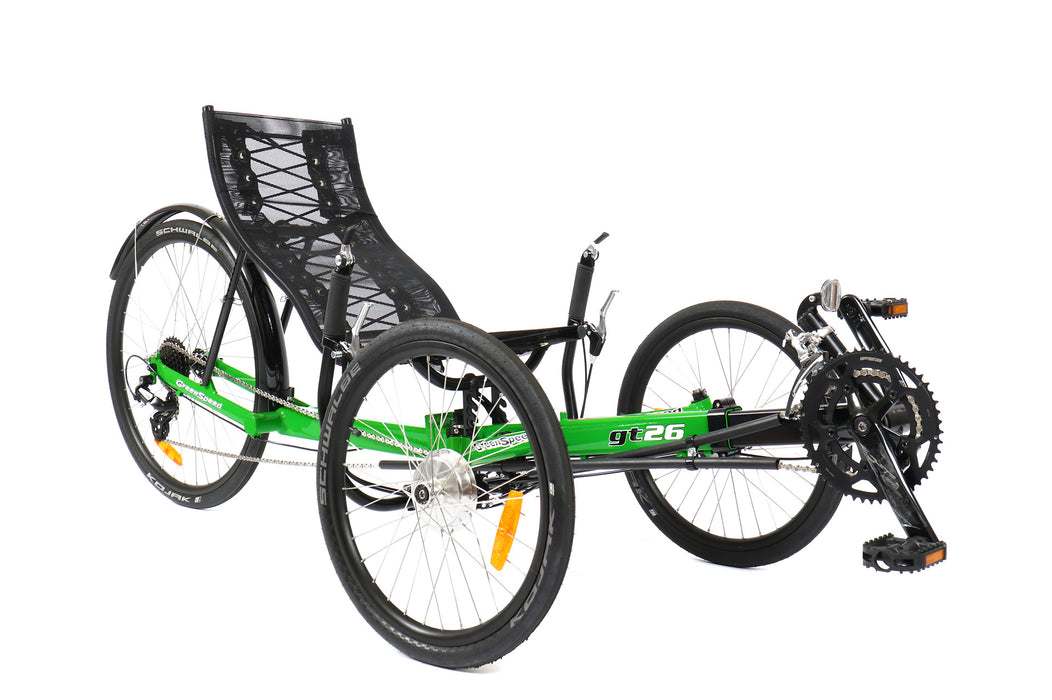 GreenSpeed recumbent trike with bright green frame, 20 inch front wheels and 26 inch rear wheel, front crank and boom view