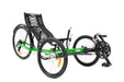 GreenSpeed recumbent trike with bright green frame, 20 inch front wheels and 26 inch rear wheel, front crank and boom view