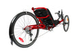 Rear view of Catrike Dumont recumbent trike in Lava Red