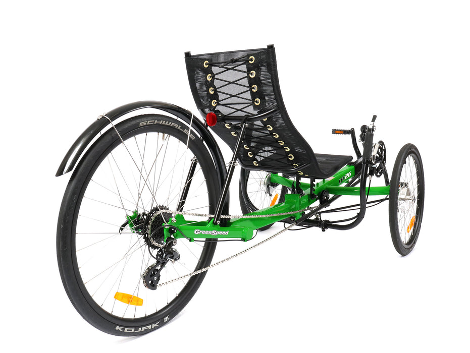 GreenSpeed recumbent trike with bright Green frame, 20 inch front wheels and 26 inch rear wheel, back wheel view