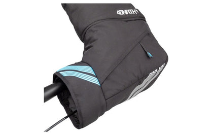 Close up view of black 45NRTH Cobrafist pogie installed on a bicycle handlebar. 