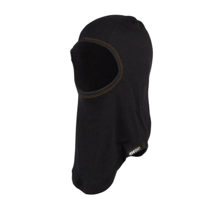 Left facing angled view of the 45NRTH Toasterfork Black Balaclava against a white background.