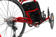 Close up view of back wheel and frame of Catrike Dumont in Lava red