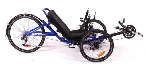 Catrike 559 recumbent trike right side view with Electric Blue frame