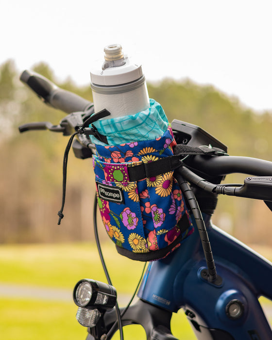 Po Campo Willis Stem Bag meadow mounted on bike with water bottle inside, outdoor photo