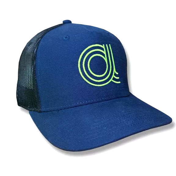 Azub Baseball Hat Dark Blue with lime logo - angled view.
