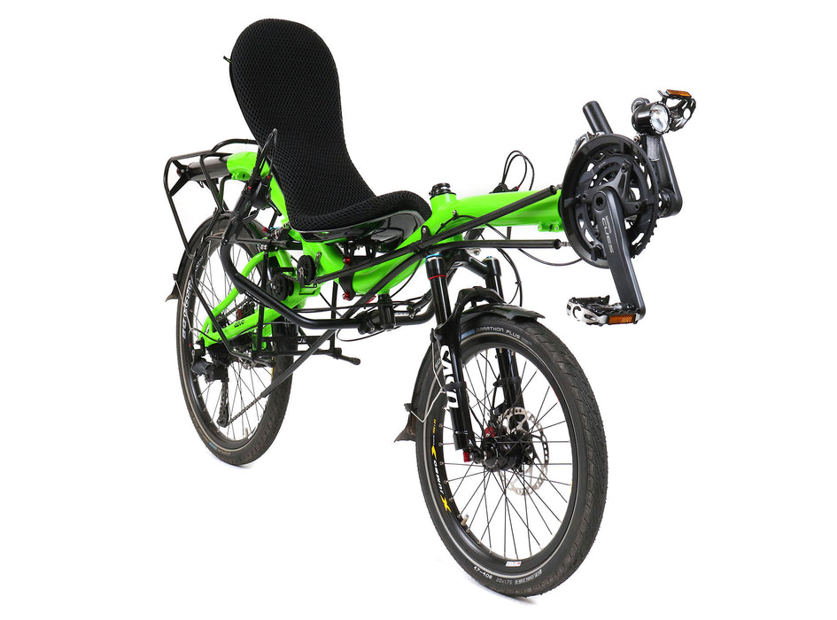 Azub Six 26/20 USS 2x10 speed Neon Green Show Special Recumbent Bike, studio front quarter view