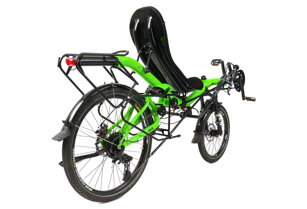 Azub Six 26/20 USS 2x10 speed Neon Green Show Special Recumbent Bike, studio rear quarter view