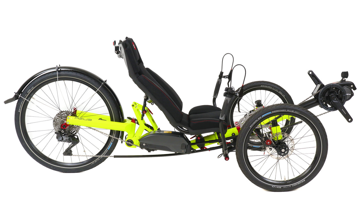 Azub Ti-Fly 26 Shimano Steps EP801 Neon Yellow Recumbent Trike, studio side view