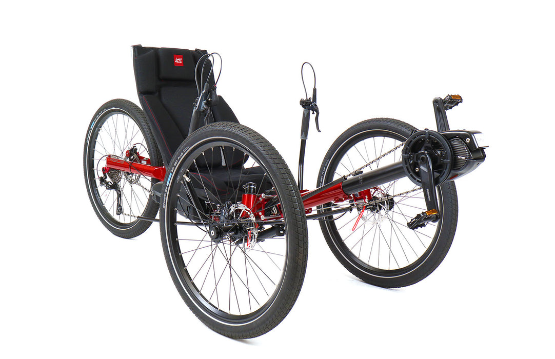 Azub Ti-Fly X Shimano Steps EP801 1x10 Ruby Red Glitter Recumbent Trike, studio front quarter view