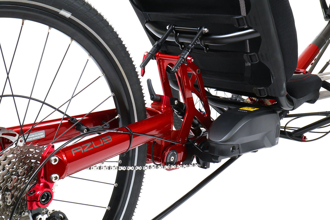 Azub Ti-Fly X Shimano Steps EP801 1x10 Ruby Red Glitter Recumbent Trike, studio rear detail view