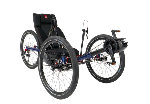Azub Ti-Fly XF Full Suspension Recumbent Trike with Shimano STEPS EP801 Electric Assist and 630 AH Li-Ion battery in Pearl Night Blue Metallic studio front quarter view