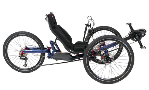 Azub Ti-Fly XF Full Suspension Recumbent Trike with Shimano STEPS EP801 Electric Assist and 630 AH Li-Ion battery in Pearl Night Blue Metallic studio side view