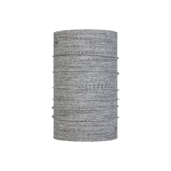 Studio image of a heathered grey scrunched up  Buff neck gaiter.
