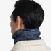 Buff Polar Neckwear Katic Blue, studio rear view on model