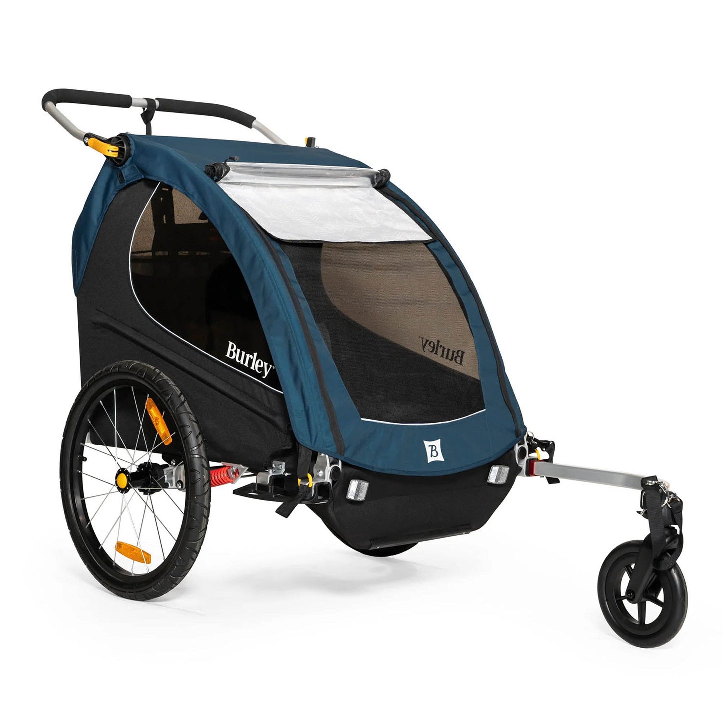 Front quarter view of the Burley Encore X Child Trailer in Blue,  shown on a white background.