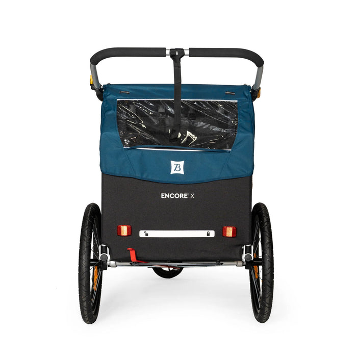Burley Encore X Child Trailer Blue in stroller configuration rear view studio image