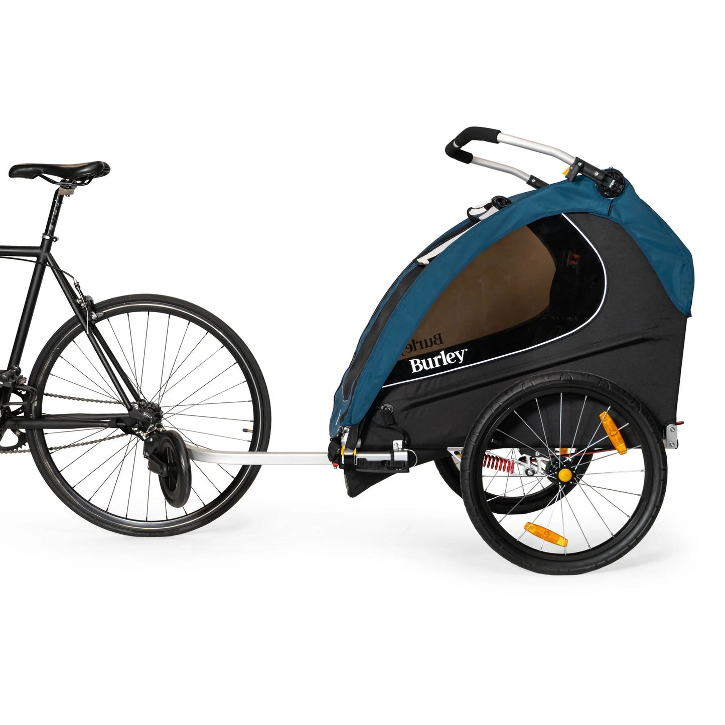 Side view of the Burley Encore X Child Trailer in Blue, shown connected to a bicycle, on a white background.
