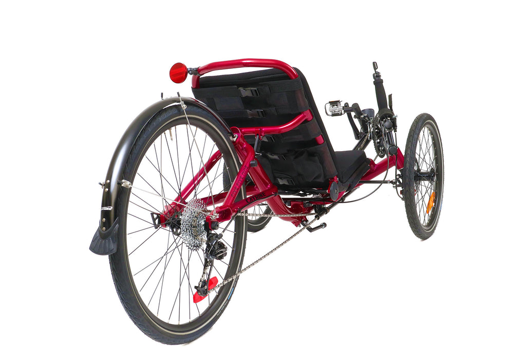 Catrike 5.5.9. Recumbent Trike Rocket Raspberry, studio rear quarter view