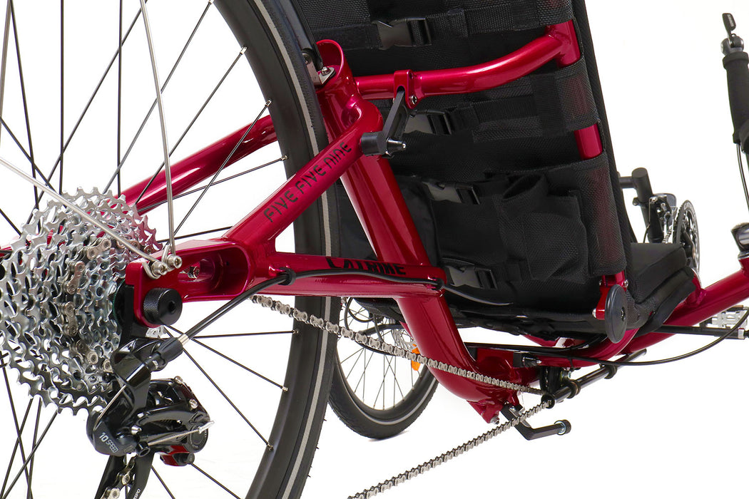 Catrike 5.5.9. Recumbent Trike Rocket Raspberry, studio rear detail view