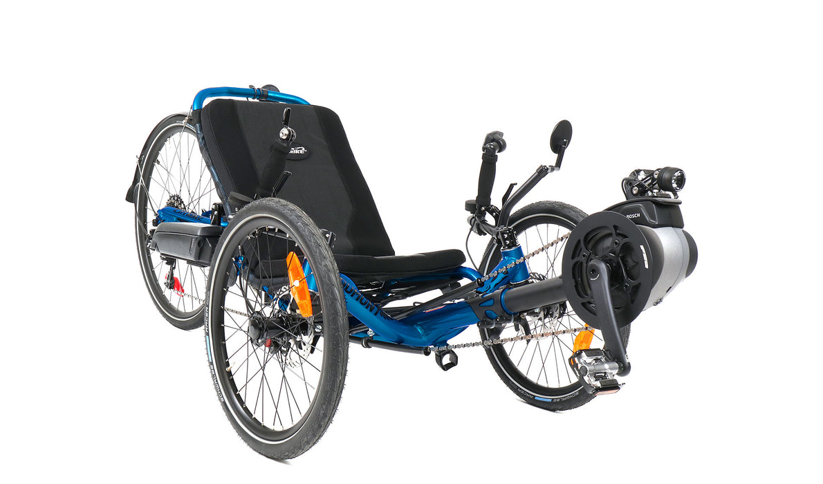 Catrike Dumont Bosch eCat Recumbent Trike Blast Off Blue, studio front quarter view