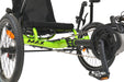 Catrike Max Recumbent Trike with Bosch motor, 20 inch wheels, stand up assist bars in Eon Green frame. Close up view of motor, chainring and boom.