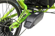 Catrike Max Recumbent Trike with Bosch motor, 20 inch wheels, stand up assist bars in Eon Green frame. Close up view of Bosch battery.