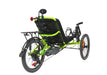 Catrike Max Bosch eCat Eon Green Recumbent Trike with Accessories, studio rear quarter view